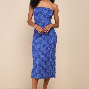 Lulus Flawless Perfection Blue Floral Applique Strapless Midi Dress - Size L